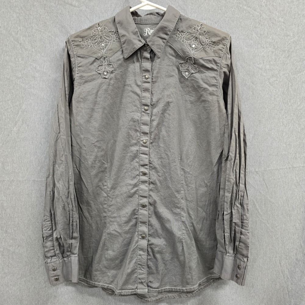Rock 47 by Wrangler Womens Gray Embroidered Rhinestone Western Snap Shirt L